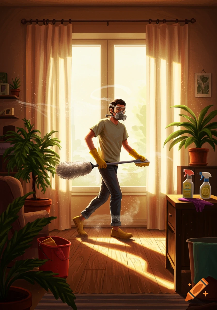 An illustrated person wearing a dust mask and yellow gloves dusts a sunlit room with plants.