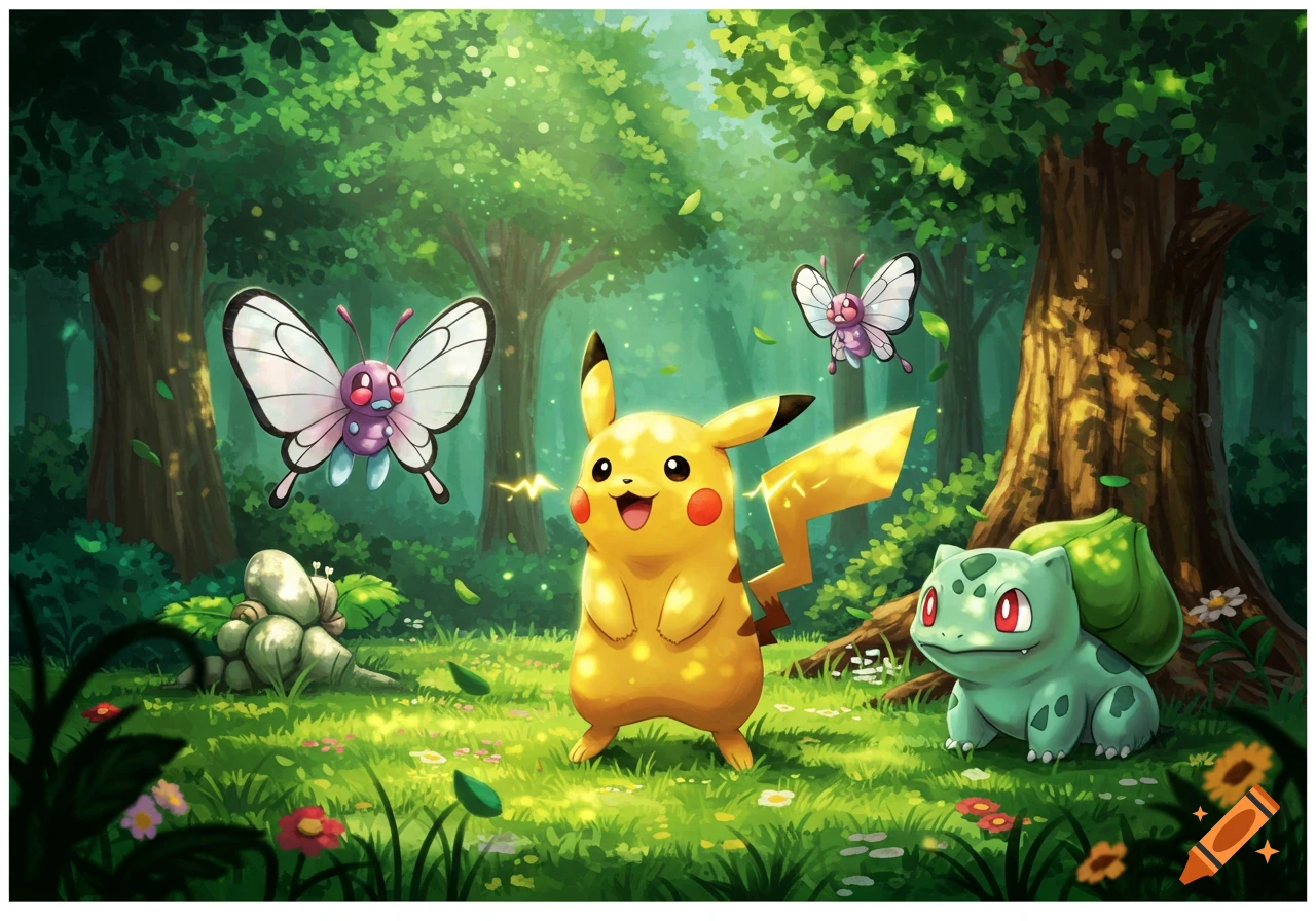 Pikachu, Bulbasaur, and two Butterfree in a vibrant, lush forest setting with sunlight filtering through the trees, in a cartoon style.