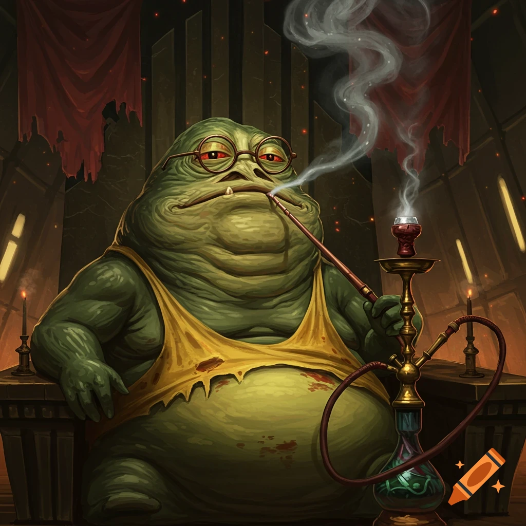 Jabba the Hutt wearing round glasses and a stained yellow tank top, smoking a hookah in a dark, regal chamber.