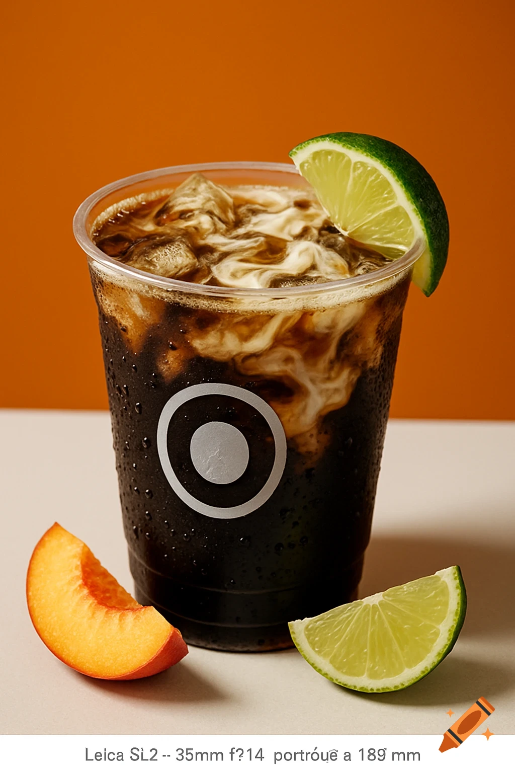 A clear plastic cup of dark cola with ice and a cream swirl, garnished with a lime wedge. A peach slice and another lime wedge sit on a white surface against an orange background.