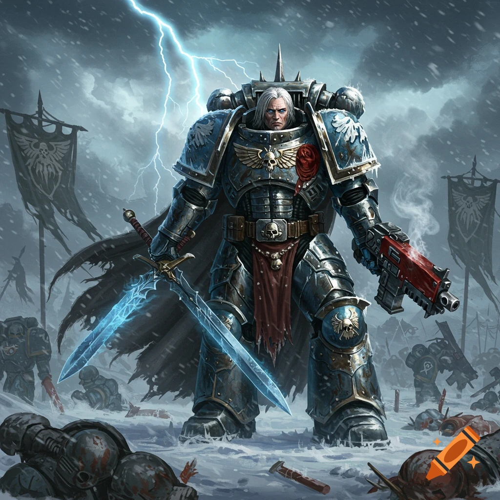 A heavily armored warrior with long white hair and a cape stands in a snowy, stormy battlefield, holding a glowing sword and gun.