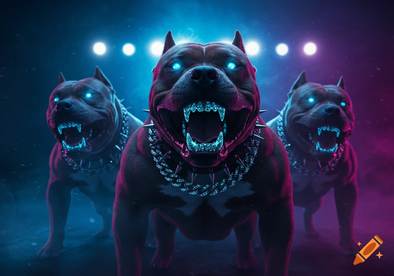 Three hyper-stylized pit bulls with glowing blue eyes and diamond grills bark menacingly under blue and purple spotlights.