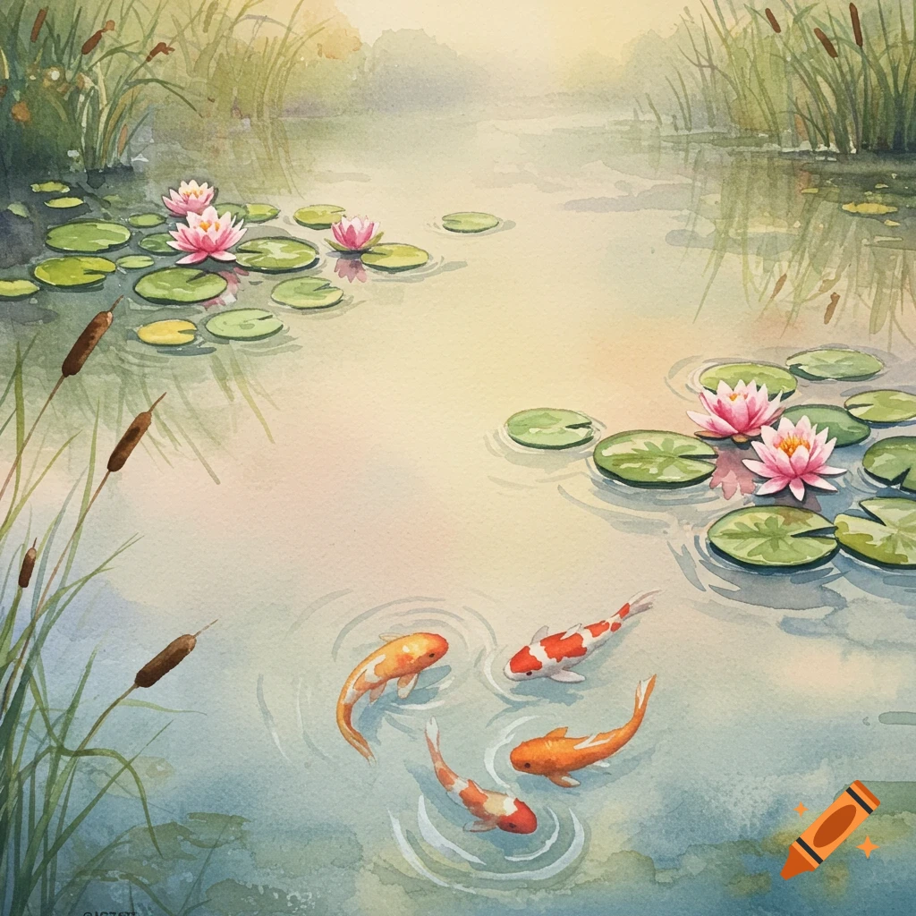 Watercolor painting of a tranquil pond with colorful koi fish, pink water lilies, and green cattails.