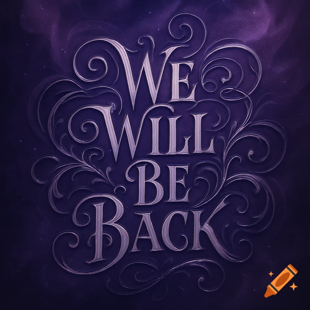Fancy silver lettering spelling "WE WILL BE BACK" on a dark purple background with decorative swirls.