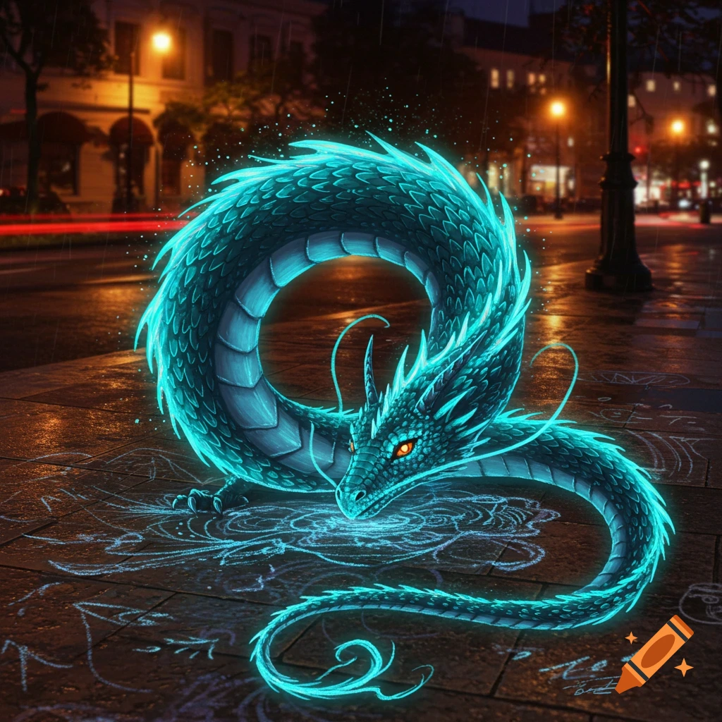 A bioluminescent blue dragon drawn in chalk on a wet city pavement at night, glowing brightly under streetlights.