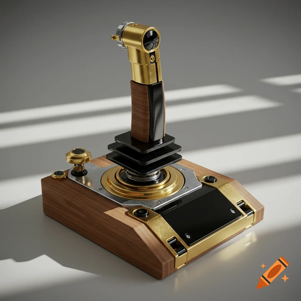 Photorealistic flight stick made of brass, wood, steel, and black acrylic on a light grey surface with shadow stripes.