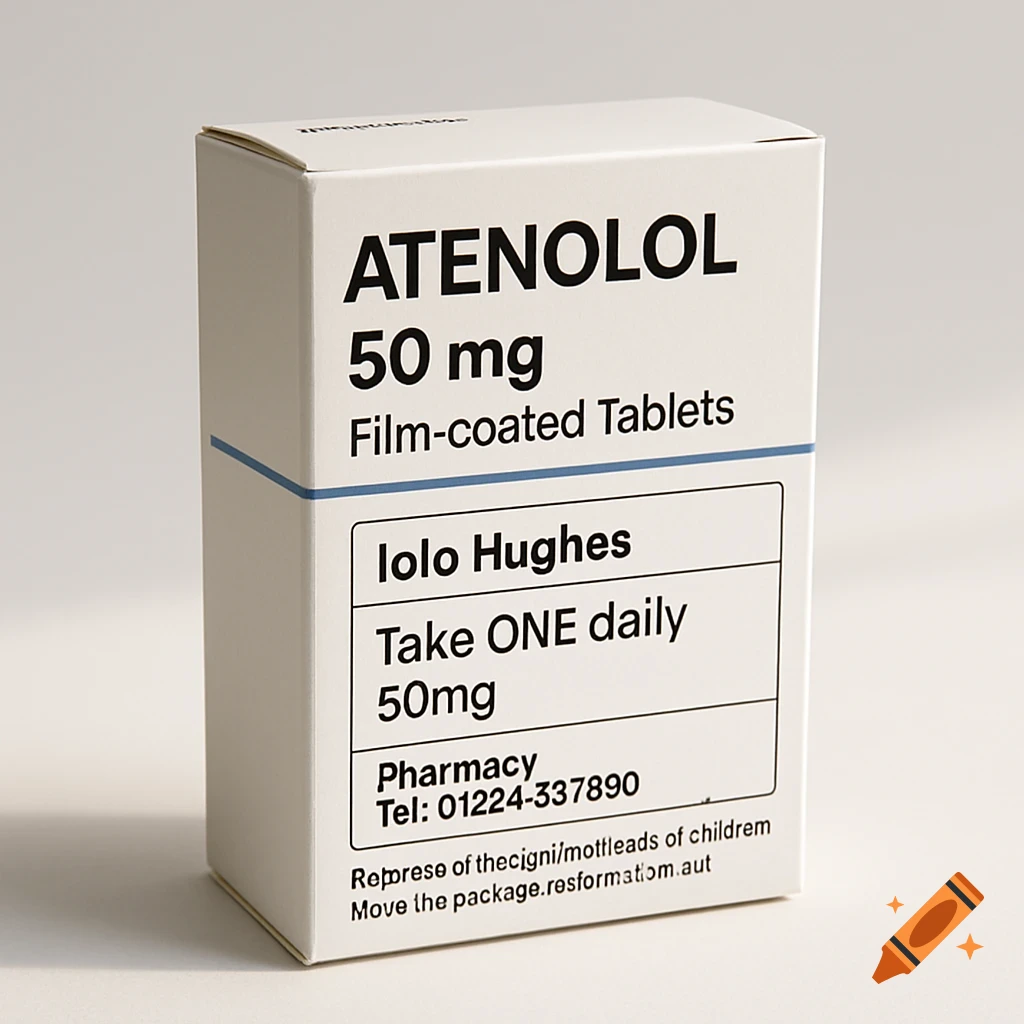 A photorealistic image of a white box of Atenolol 50mg film-coated tablets with a prescription label for Iolo Hughes.