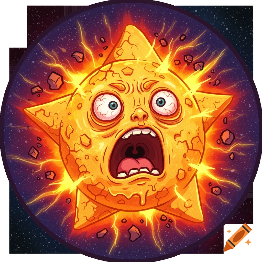 A grotesque, screaming cartoon star with bulging eyes explodes in a supernova, surrounded by cosmic elements.