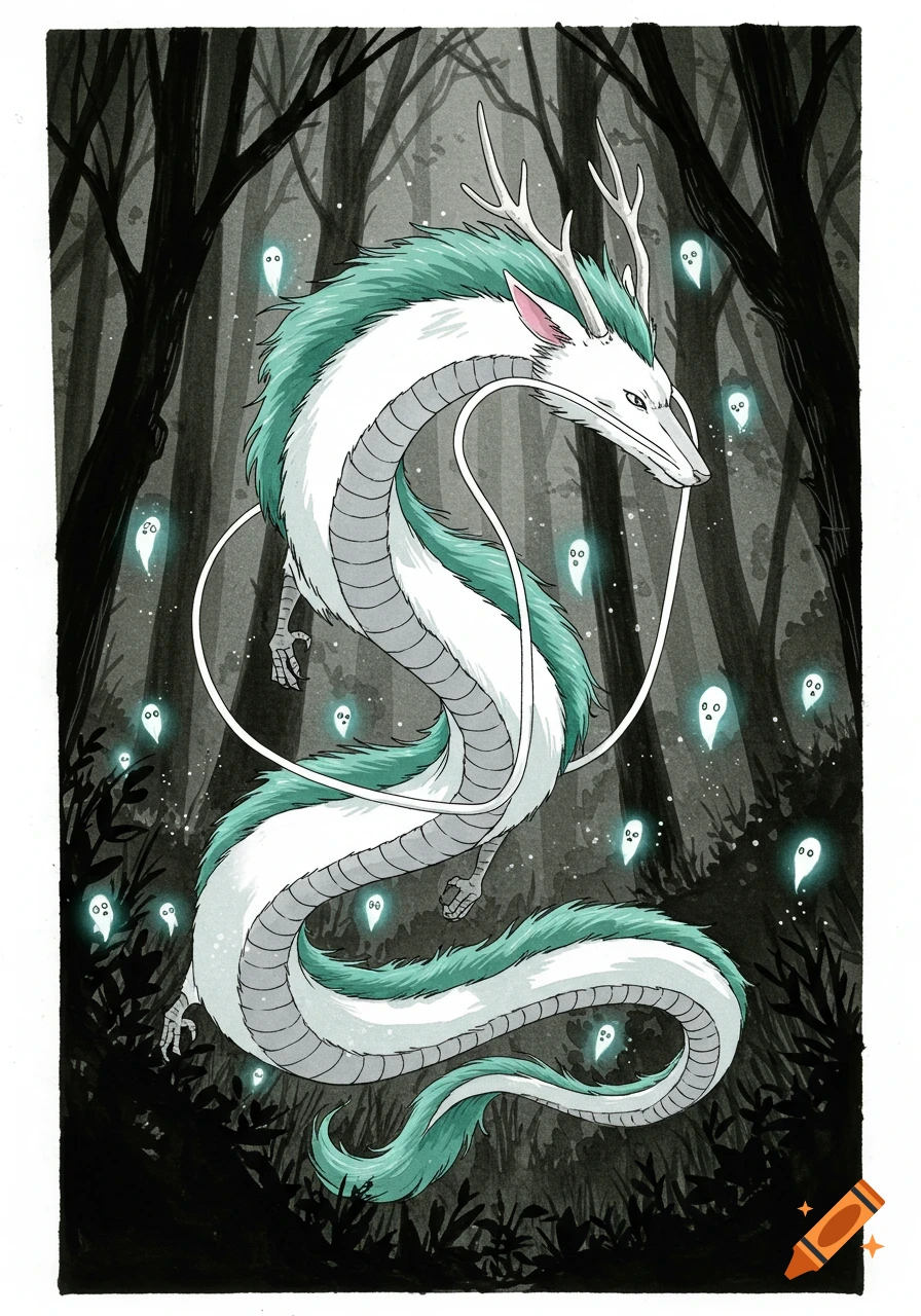 An elegant white and teal dragon with antlers flies through a dark forest, surrounded by glowing white spirits in an anime style.