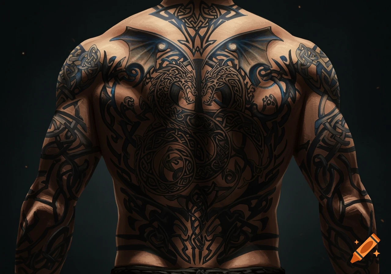 Back of a muscular person adorned with an intricate Viking-style dragon and Celtic knot tattoo covering their entire back and arms.