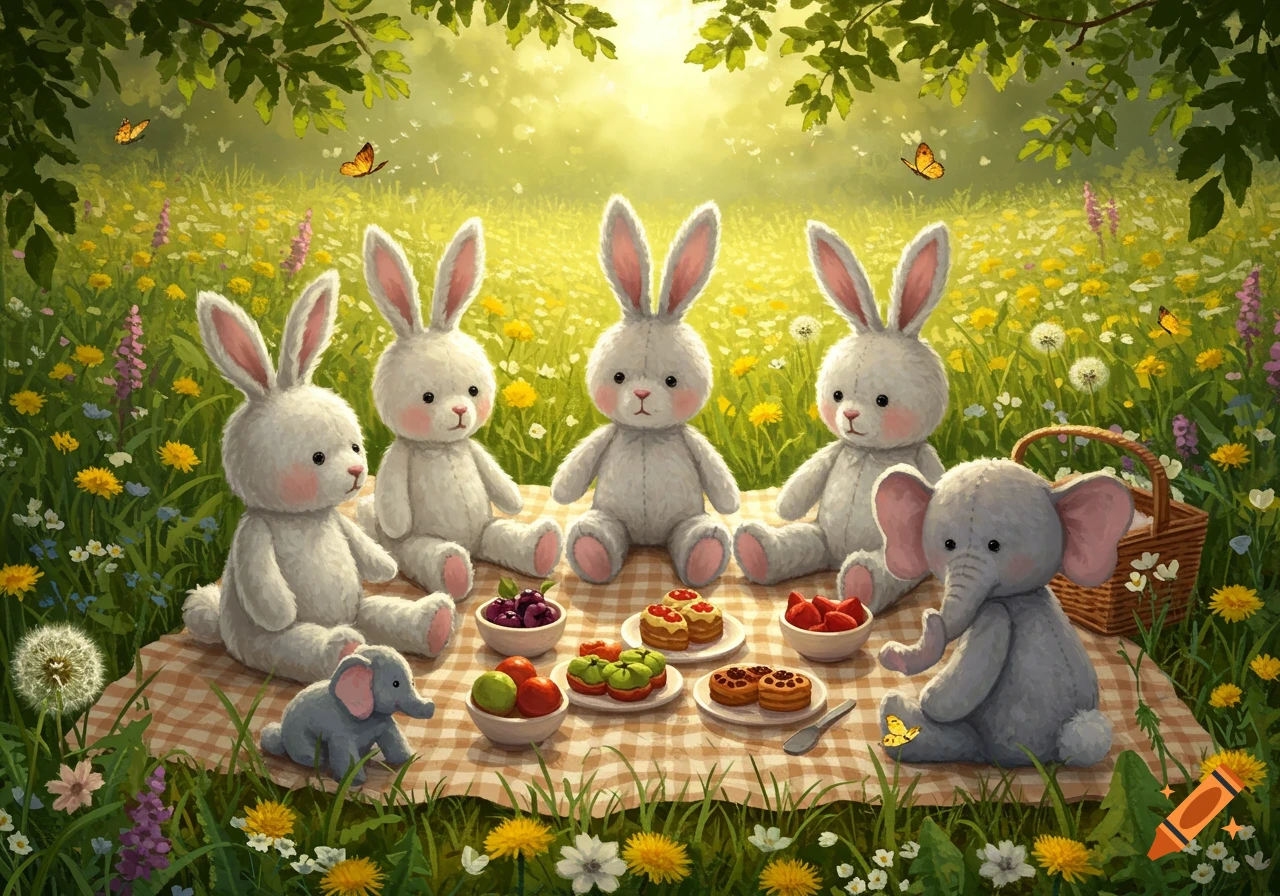 Five white toy bunnies and one grey toy elephant have a picnic in a sunny wildflower meadow.