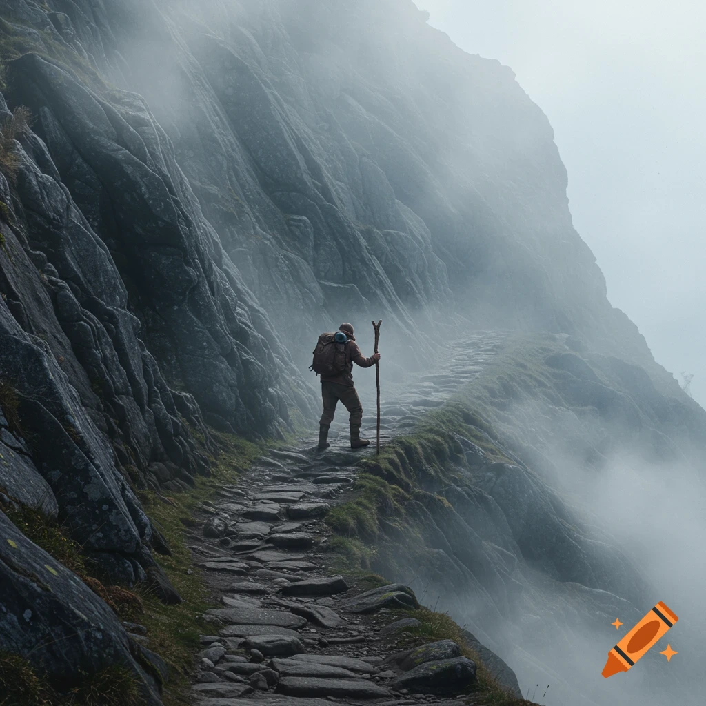 A lone hiker pauses on a rocky, misty mountain path, gripping a walking stick.
