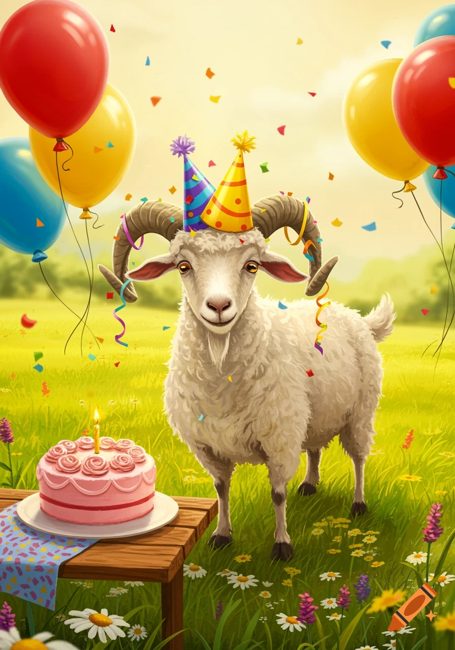 A cute goat wearing two party hats stands in a grassy field next to a birthday cake, with colorful balloons and confetti floating around.