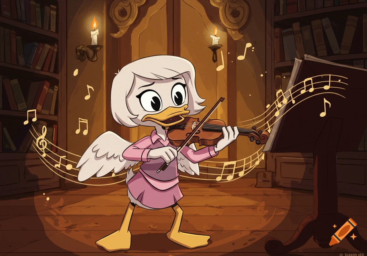 A white duck character with blonde hair, Webbigail from DuckTales, plays a violin in a dimly lit library filled with bookshelves, with musical notes floating around her.