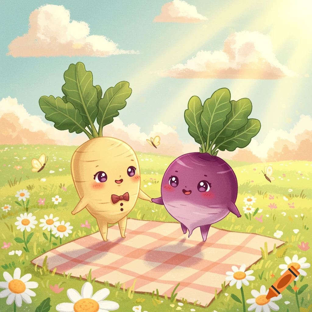 Cute yellow parsnip and purple turnip characters holding hands on a picnic blanket in a sunny, flower-filled field. Watercolor illustration.