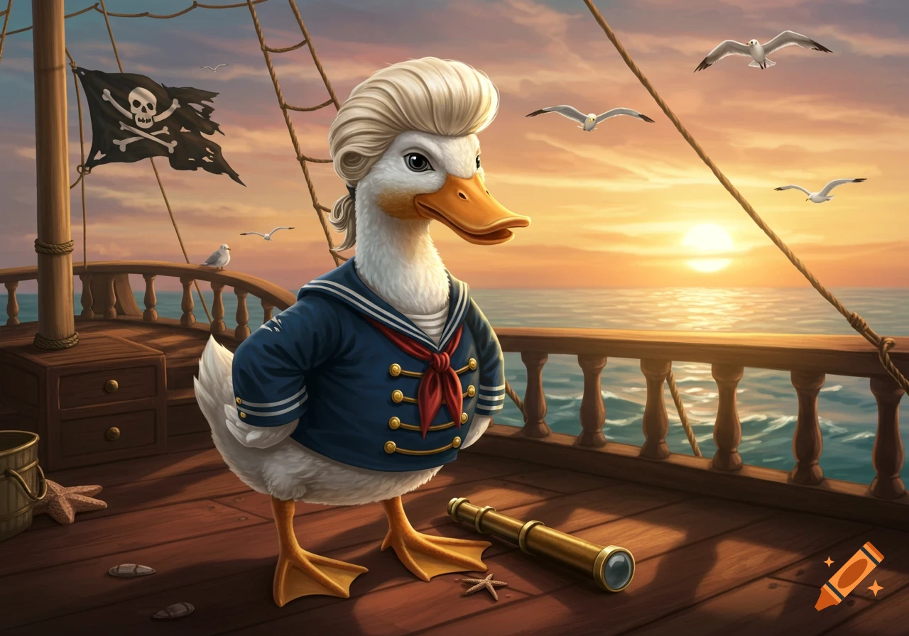 A cartoon duck sailor with a blonde pompadour stands on a ship deck with a pirate flag at sunset. A telescope lies nearby.