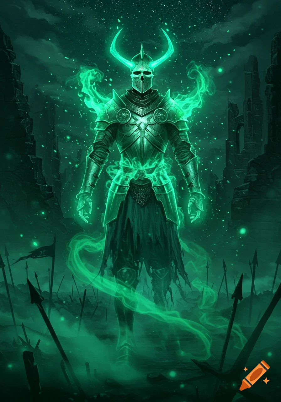 A glowing green ghost knight stands in a dark, ruined landscape with spears sticking out of the ground.
