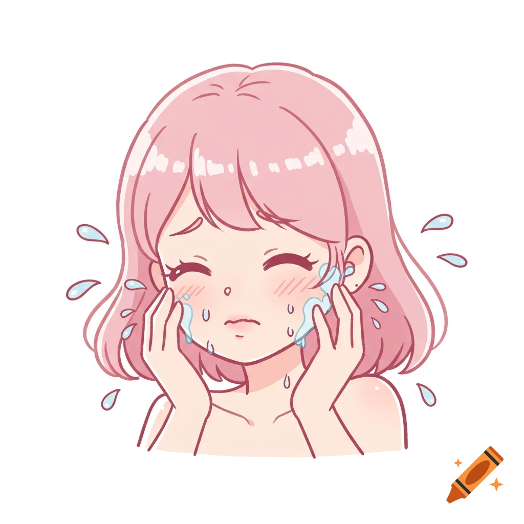 A cartoon anime-style girl with pink hair is crying while washing her face, with water droplets splashing around.
