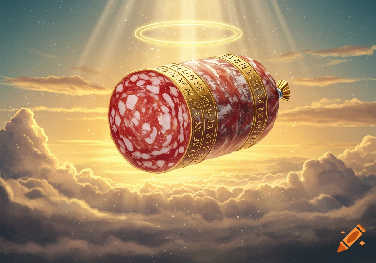 A large salami floats in a divine sky with clouds and golden light, adorned with a glowing halo and golden bands etched with symbols.