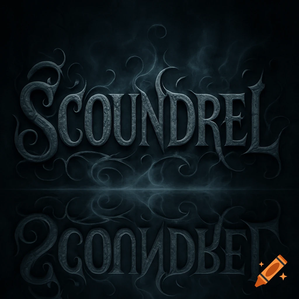 The word 'SCOUNDREL' in a dark, ornate fantasy font with a smoky background and a mirrored reflection.