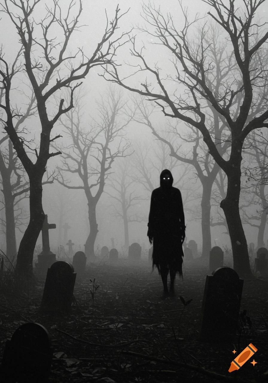 A spooky cloaked figure with glowing eyes stands in a foggy, barren graveyard among gravestones and leafless trees, in a grainy, black and white style.