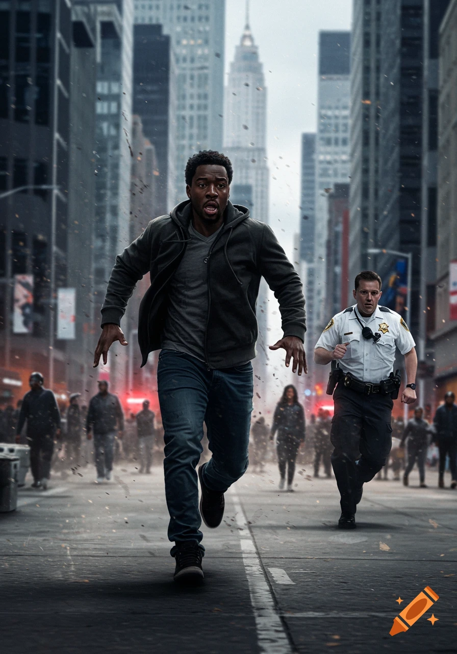 A Black man runs down a debris-strewn city street with a police officer pursuing him and blurred people in the background.