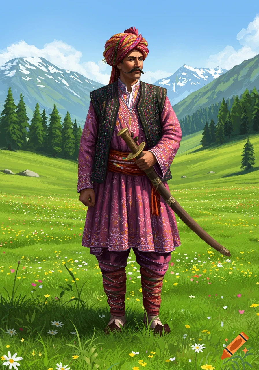 A man in traditional colorful Bhadarwahi attire with a turban and sword stands in a vibrant green meadow with mountains.