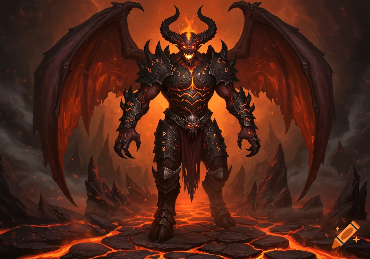 A terrifying red-skinned demon with large dark wings, horns, and glowing eyes stands in molten lava, wearing dark, spiked armor.