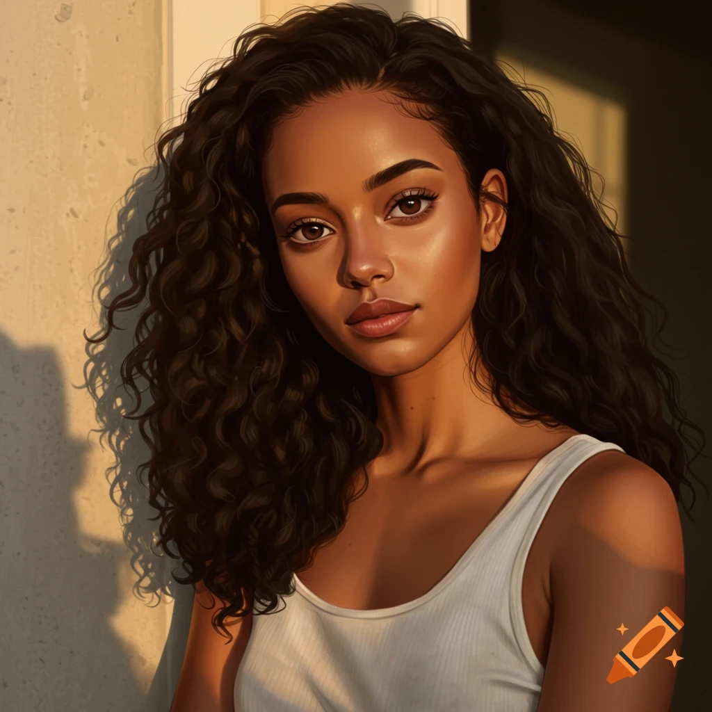 A beautiful woman with dark curly hair and dark eyes wears a white tank top, illuminated by warm sunlight.