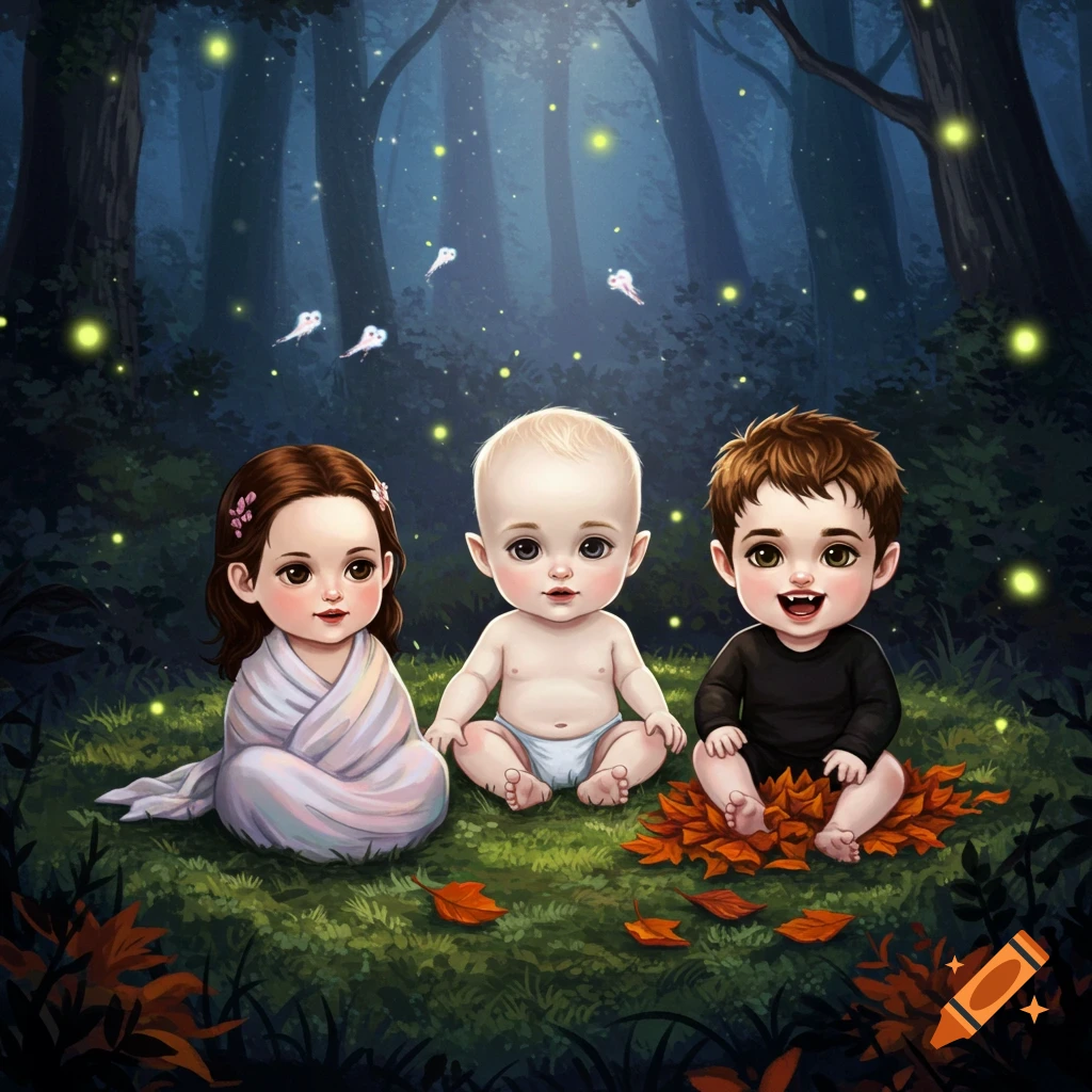 Three stylized babies, one wrapped in a blanket, one in a diaper, and one with fangs, sit in a dark, magical forest with glowing lights and floating spirits.
