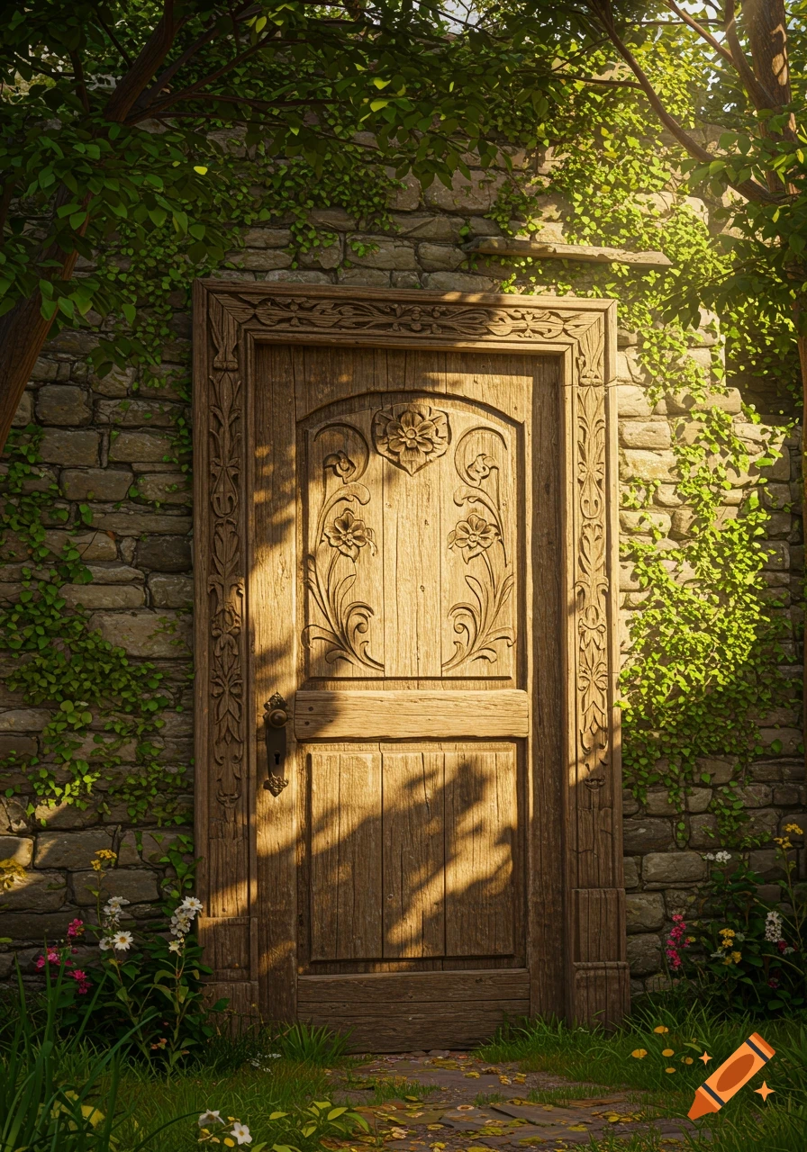 An intricately carved wooden door in an ivy-covered stone wall, surrounded by green foliage and flowers, bathed in dappled sunlight.