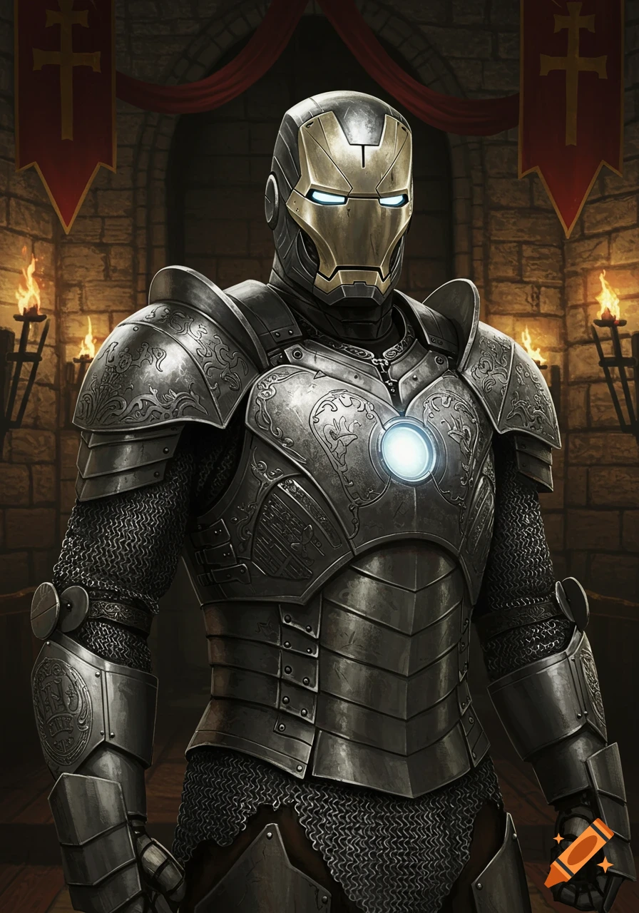 A knight in highly detailed medieval Iron Man-inspired armor stands in a torchlit stone castle.