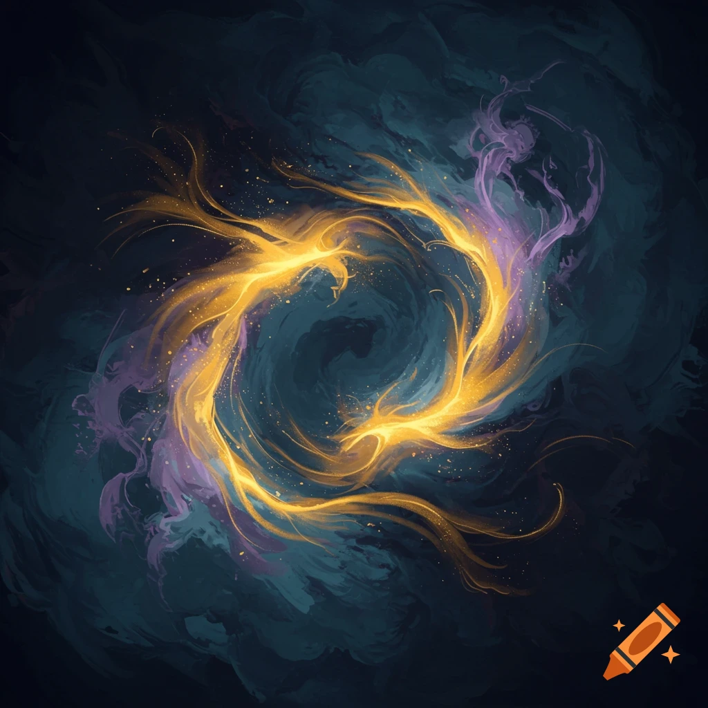 Abstract swirling golden and purple light on a dark, textured background.