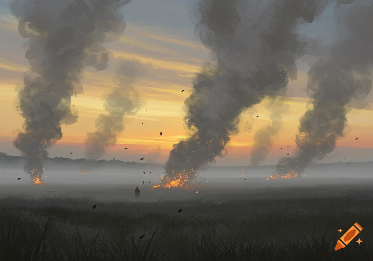 A desolate field at dawn, shrouded in mist and smoke from multiple large fires, with a lone figure standing in the distance.