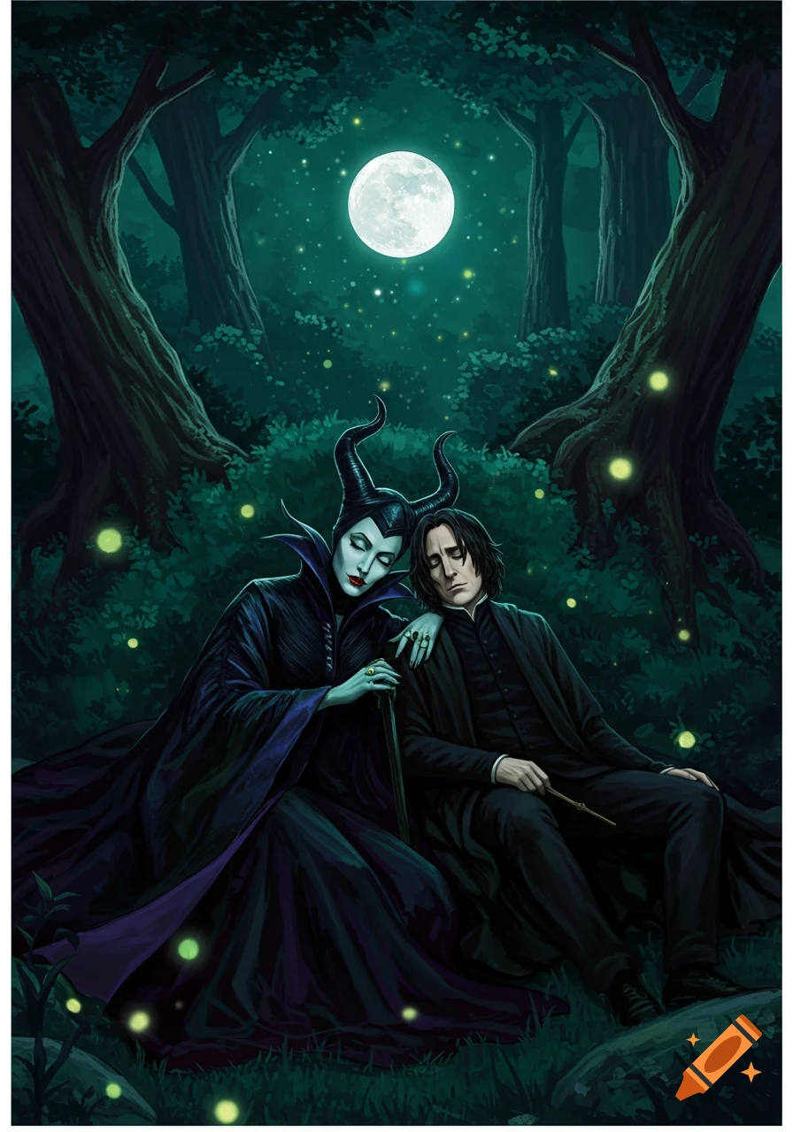 Maleficent and Snape sitting together in a dark, glowing forest at night under a full moon, in an illustrative style.