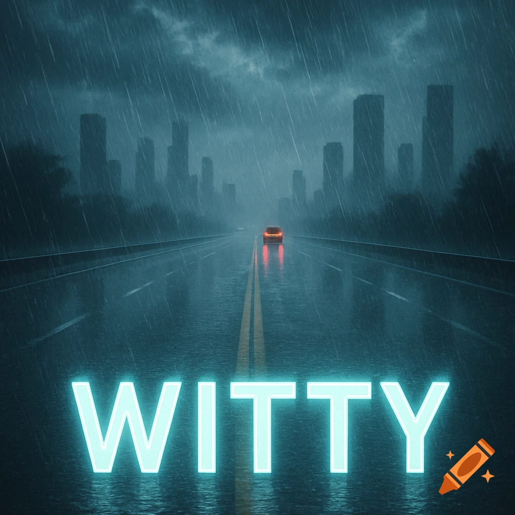A photorealistic image of a car on a rainy highway with a city skyline in the background, featuring the glowing word WITTY in the foreground.