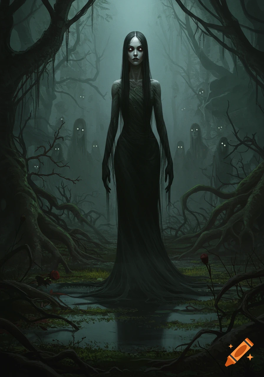 A ghostly woman with glowing red eyes stands in a misty, dark swamp forest, with other spectral figures in the background.