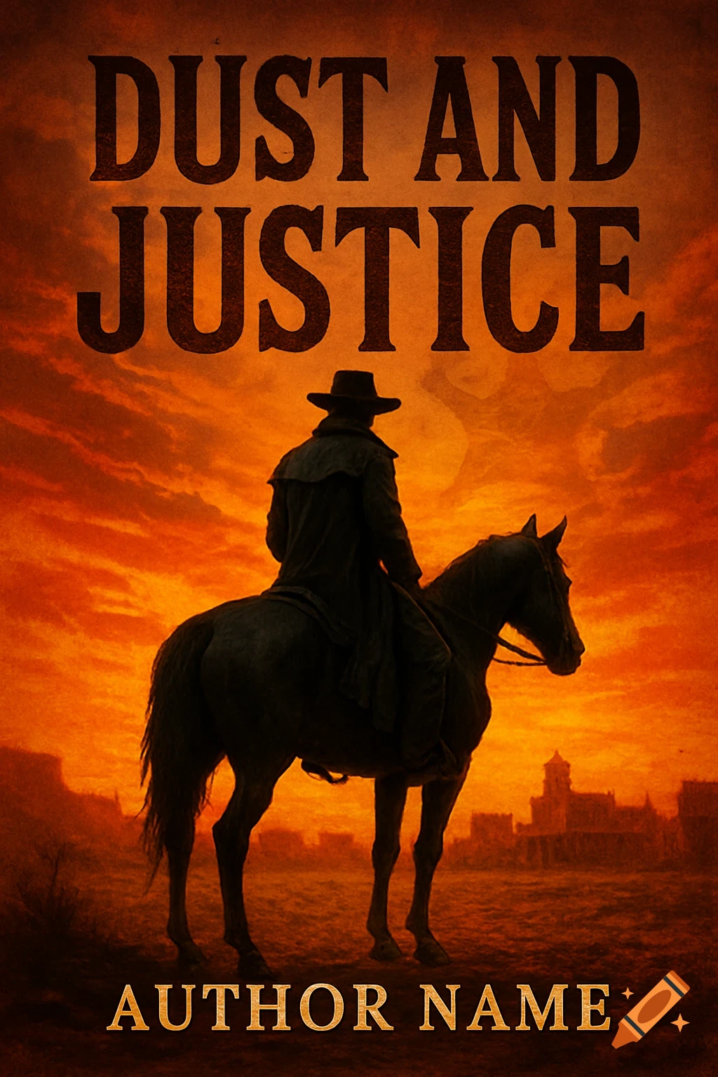 A lone cowboy on a dark horse overlooks a dusty town at sunset. Book cover titled 'DUST AND JUSTICE'.