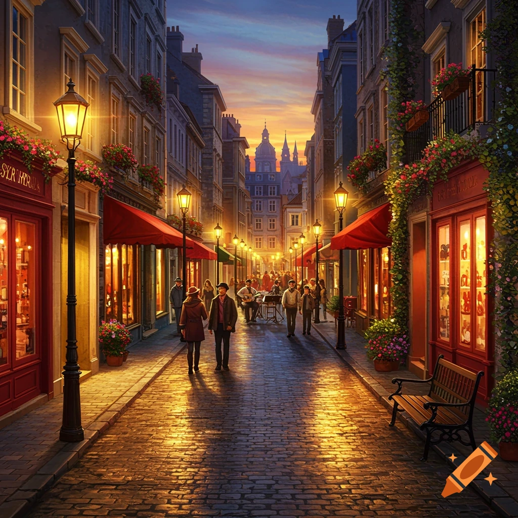 A vibrant cobblestone street at dusk, lined with shops, glowing streetlights, and people strolling, with warm light reflecting.