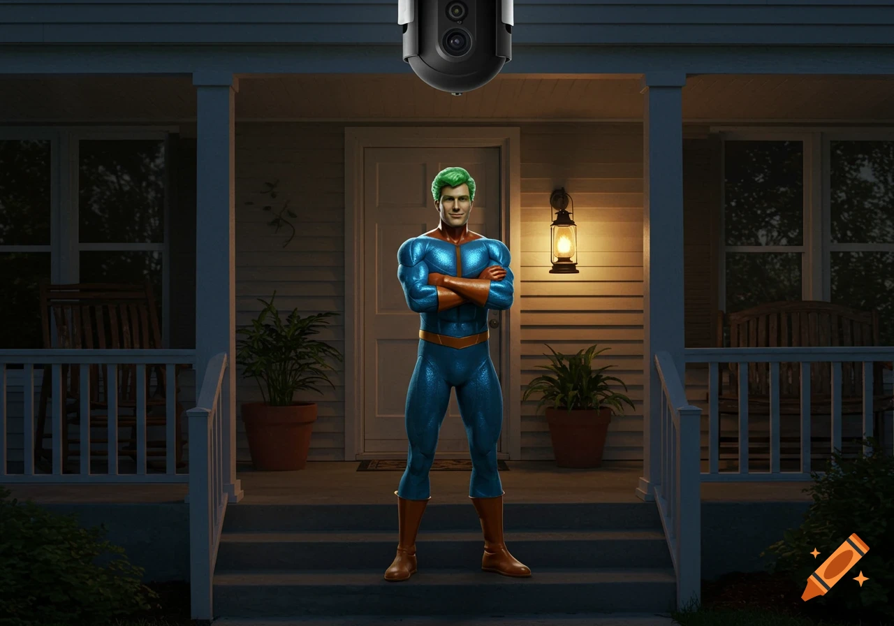 A superhero with green hair and blue suit stands on a house porch at night under a security camera, arms crossed.