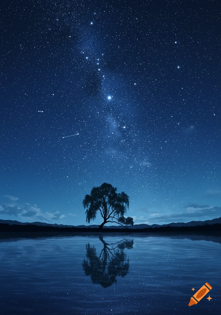 Silhouetted tree reflected in still water under a vibrant starry night sky.