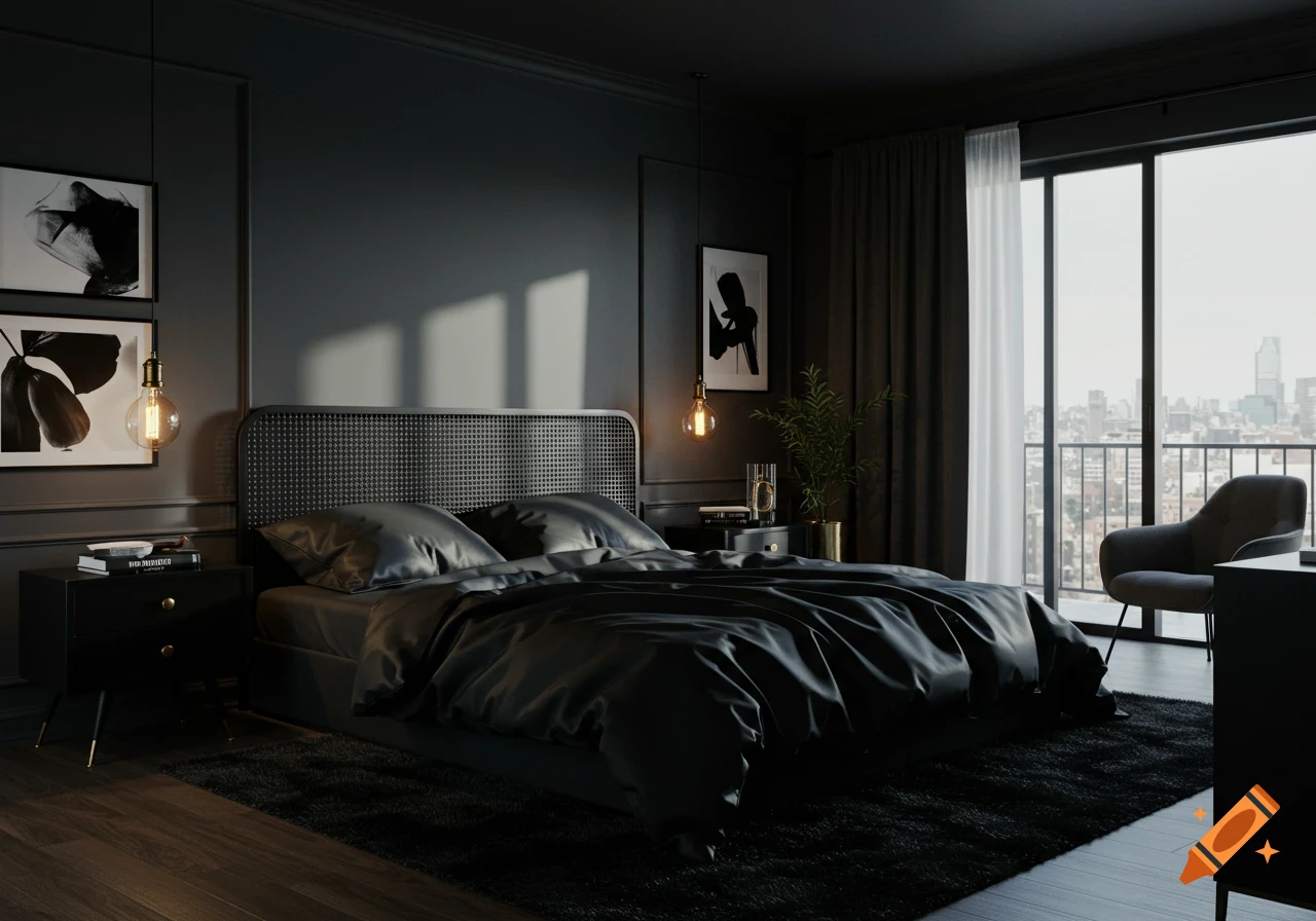 A dark, modern bedroom with black walls, bedding, and furniture. Large windows overlook a city skyline.