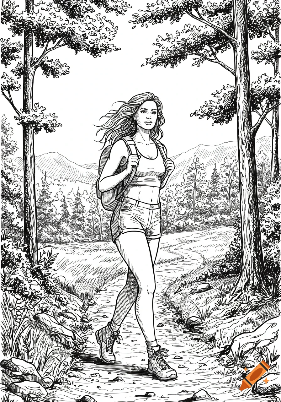 Woman hiking on a forest path with mountains in the background, in a detailed line art style.