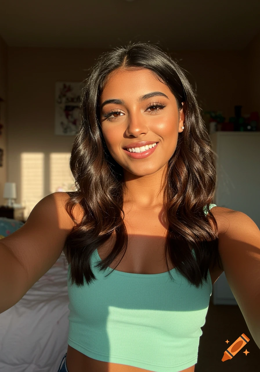 A beautiful young woman with long dark hair, wearing a mint green crop top, smiles at the camera in a sunlit room.