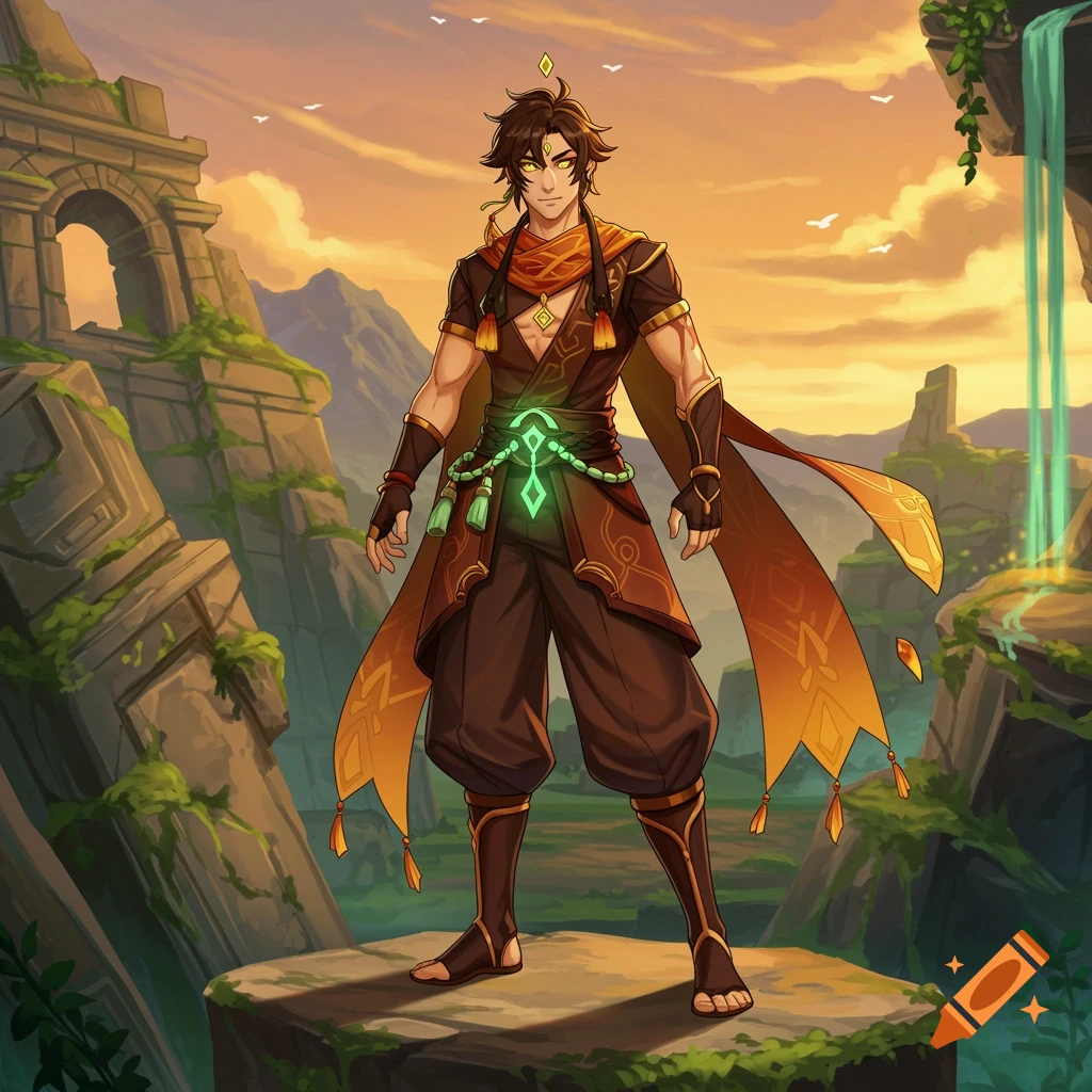 A tall anime-style male fantasy character with dark hair and yellow eyes stands on a rock in ancient ruins with a waterfall and sunset.