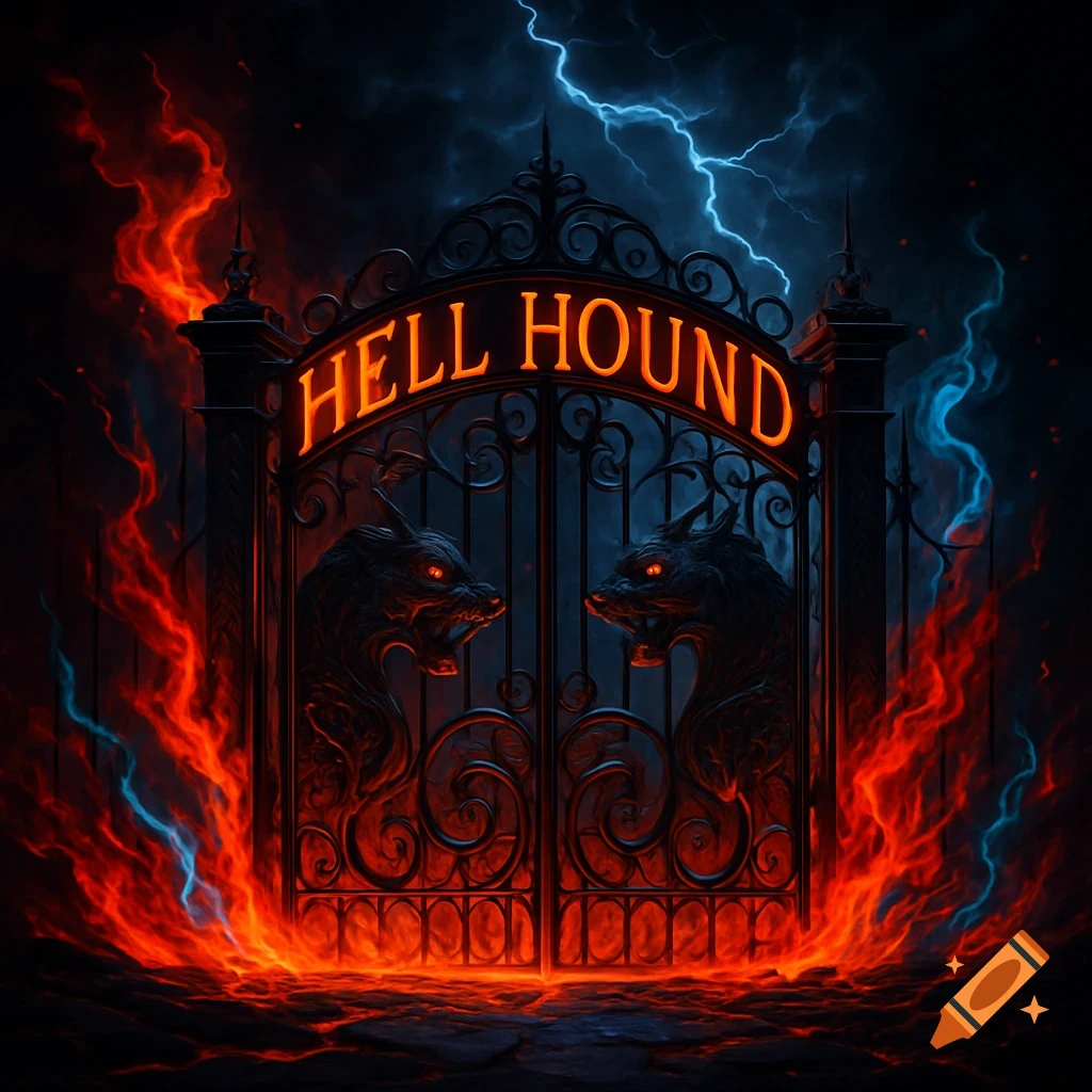 An ornate dark iron gate with 'HELL HOUND' glowing in orange, flanked by two monstrous dog heads, surrounded by red flames and blue lightning.