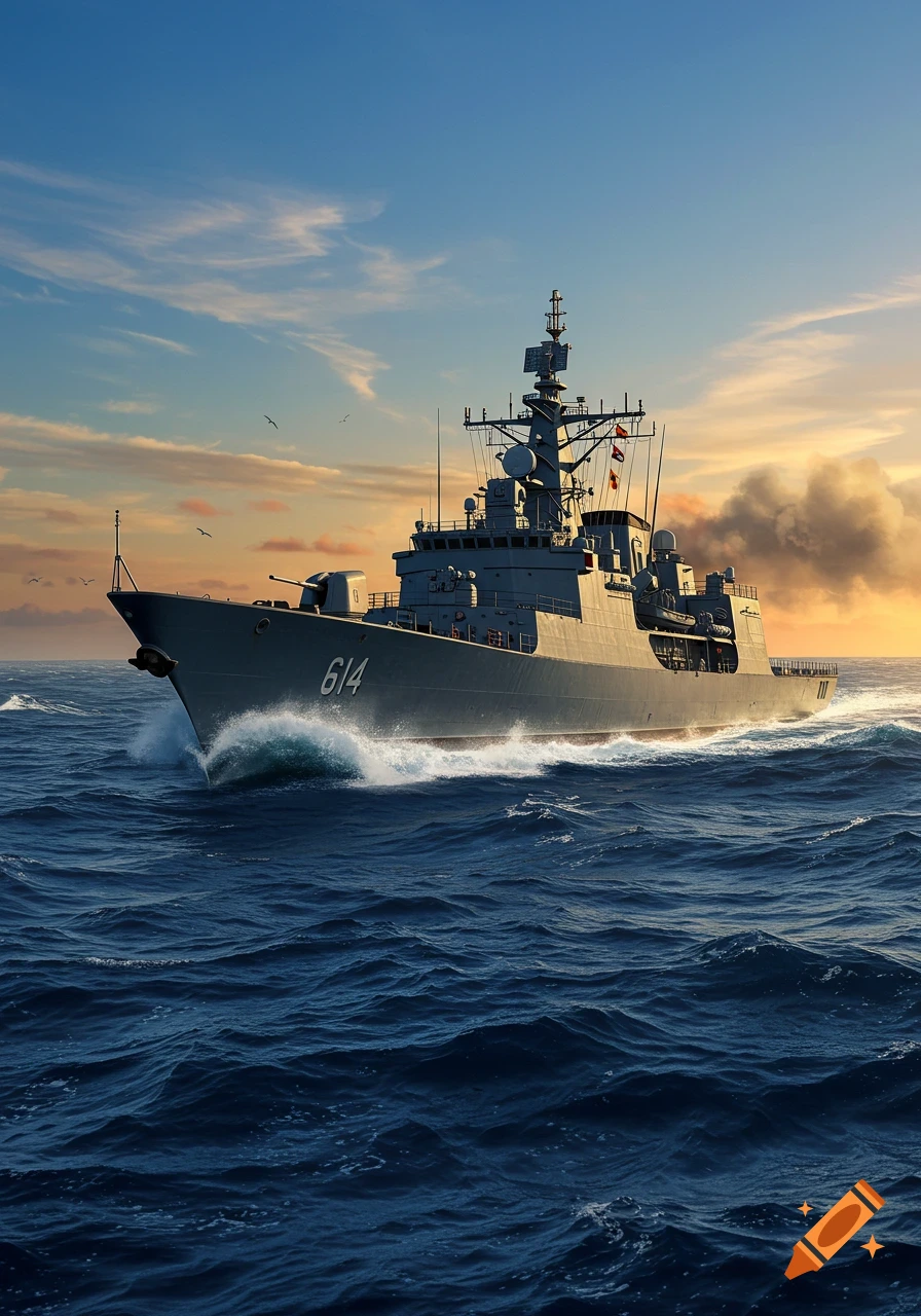 A grey warship with the number 614 on its bow sails through choppy blue water under a sunset sky.