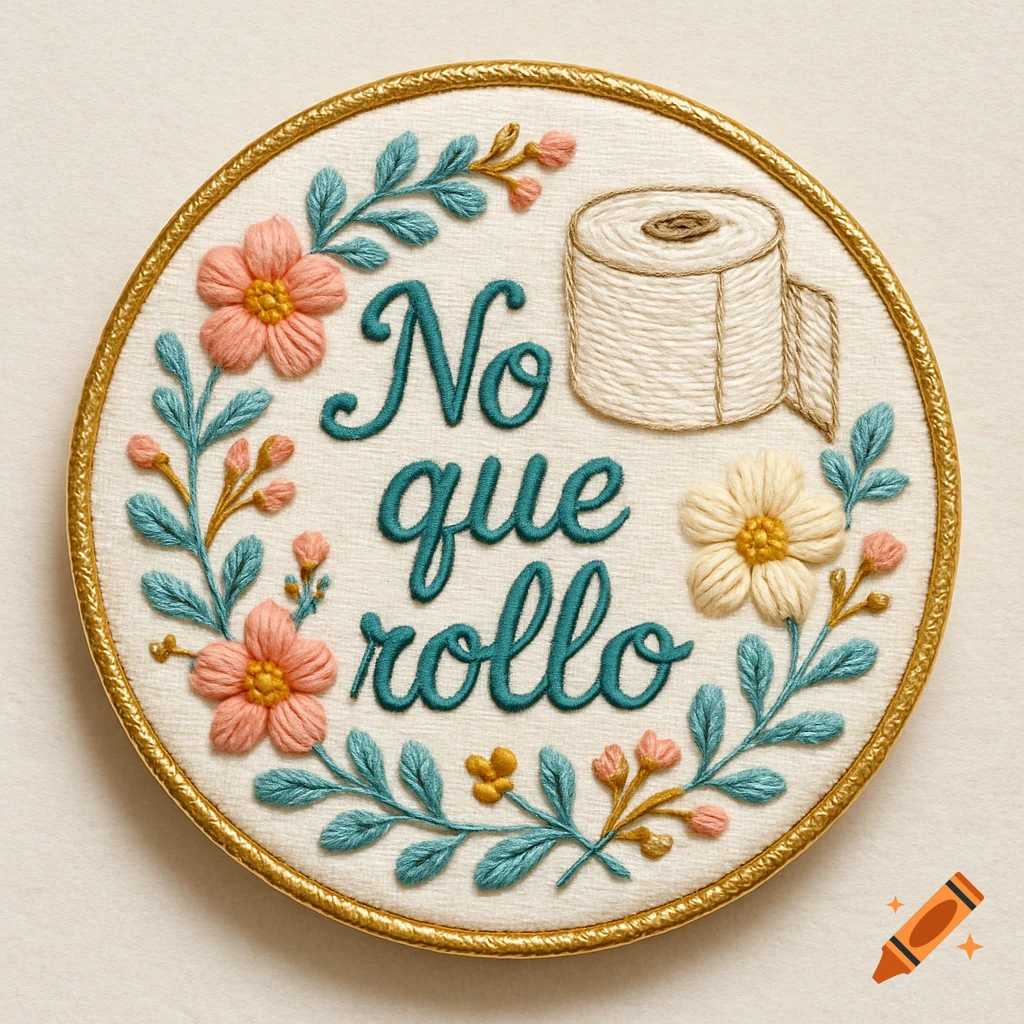 An embroidery hoop with 'No que rollo' text, a toilet paper roll, and pink and white flowers.