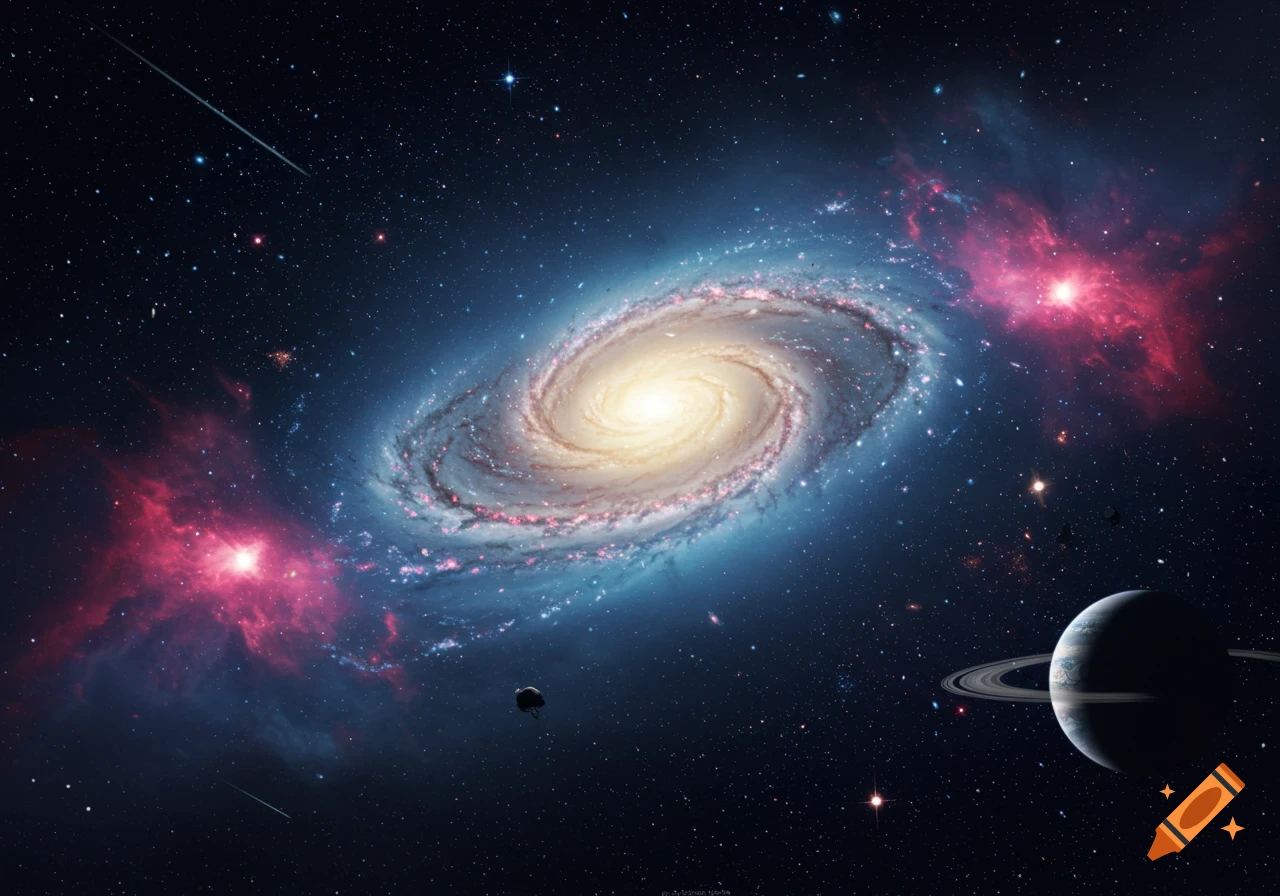 A vibrant spiral galaxy with blue and red nebulae, stars, a shooting star, and a ringed planet in the foreground.