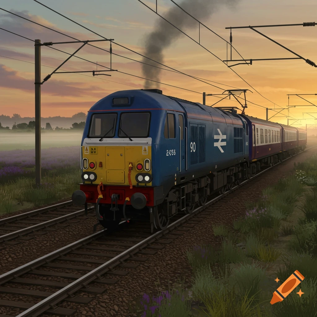 A photorealistic blue and yellow British Rail Class 90 train on tracks, with passenger carriages, at sunrise or sunset in a misty landscape.